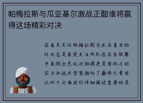 帕梅拉斯与瓜亚基尔激战正酣谁将赢得这场精彩对决